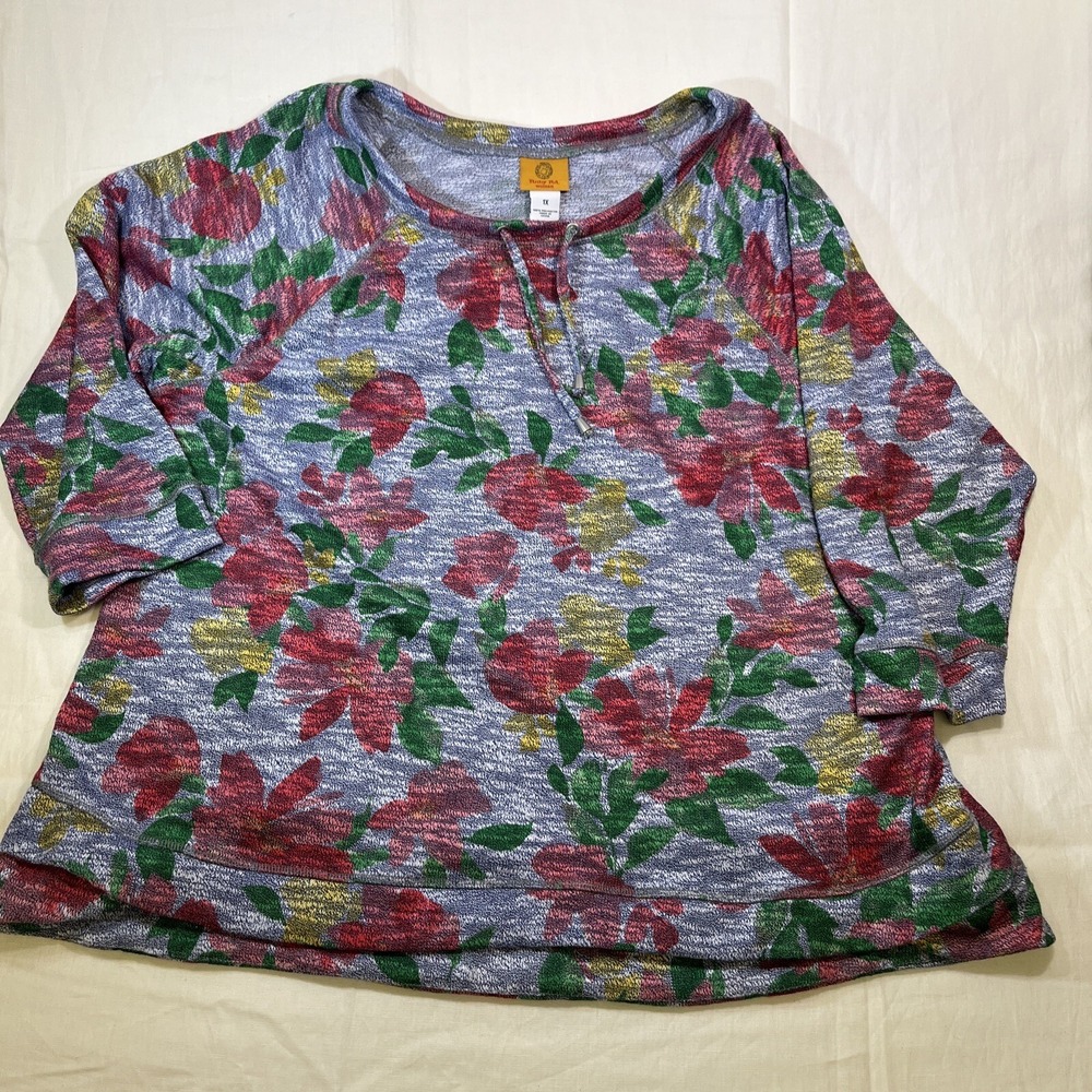 Ruby Rd Woman Plus 1X Floral Knit Top 3/4 Raglan Sleeve Boat Neck Tie 58655